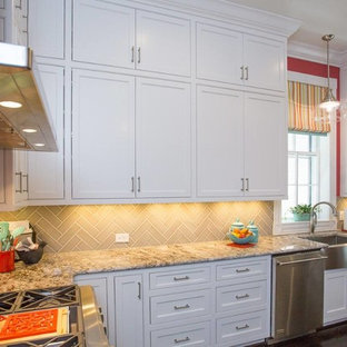 Mid-sized contemporary kitchen pantry pictures - Inspiration for a mid-sized contemporary galley dark wood floor and brown floor kitchen pantry remodel in Richmond with a farmhouse sink, shaker cabinets, white cabinets, granite countertops, gray backsplash, porcelain backsplash and stainless steel appliances