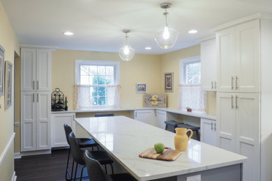 Example of a mid-sized transitional l-shaped vinyl floor and brown floor eat-in kitchen design in Philadelphia with a farmhouse sink, recessed-panel cabinets, white cabinets, quartzite countertops, gray backsplash, ceramic backsplash, stainless steel appliances, an island and white countertops
