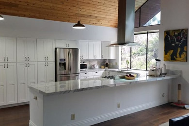 Example of a minimalist u-shaped dark wood floor kitchen design in Los Angeles with shaker cabinets, white cabinets, quartzite countertops, stone slab backsplash, stainless steel appliances and a peninsula