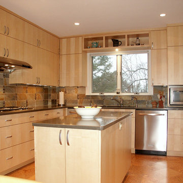 Kitchen rtenovation with flush maple cabinets, with craft display boxes