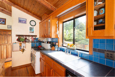 Immagine di una cucina stile rurale di medie dimensioni con lavello a doppia vasca, ante in stile shaker, ante in legno scuro, top piastrellato, paraspruzzi blu, paraspruzzi con piastrelle in ceramica, pavimento in legno massello medio e top nero