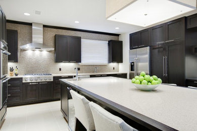 Example of a transitional kitchen design in Orlando with stainless steel appliances, dark wood cabinets, quartz countertops, metallic backsplash, mosaic tile backsplash and shaker cabinets
