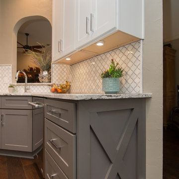 Kitchen | Two-Tone Cabinets | Cambria Quartz | Arabesque Marble Backsplash