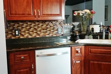 Mittelgroße Moderne Wohnküche ohne Insel mit hellbraunen Holzschränken, weißen Elektrogeräten, Waschbecken, profilierten Schrankfronten, Küchenrückwand in Braun, Rückwand aus Glasfliesen und Keramikboden in Orlando