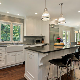 Traditional kitchen appliance - Elegant kitchen photo in Chicago with subway tile backsplash, a farmhouse sink and stainless steel appliances