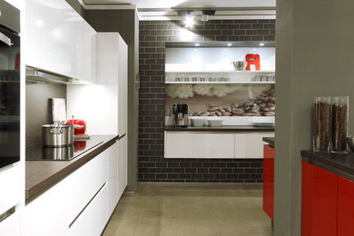 kitchen with a red island
