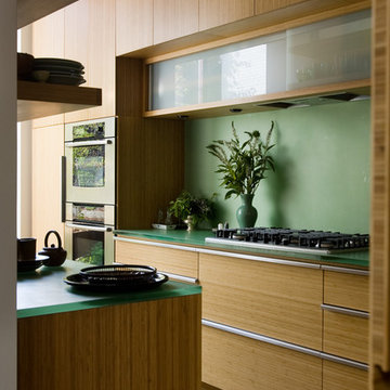 kitchen with bamboo cabinets and resin countertops