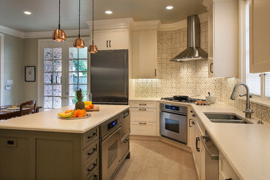 Eat-in kitchen - large modern single-wall porcelain tile and beige floor eat-in kitchen idea in Houston with an undermount sink, recessed-panel cabinets, white cabinets, multicolored backsplash, ceramic backsplash, stainless steel appliances and an island