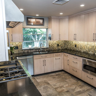 Design ideas for a small contemporary u-shaped eat-in kitchen in Other with a double-bowl sink, flat-panel cabinets, light wood cabinets, granite benchtops, green splashback, slate splashback, stainless steel appliances, slate floors, no island and green floor.