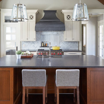 Kitchen with Gray, White, and Cherry Cabinets