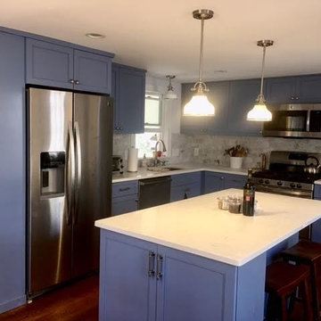 Kitchen with Island in SW "Smokey Blue" paint.