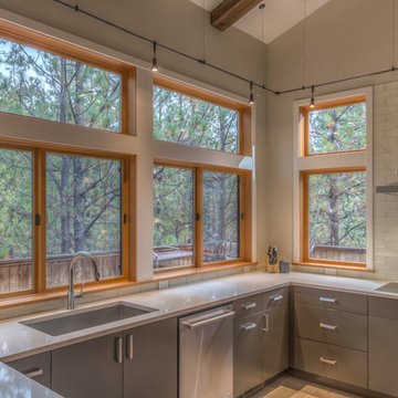Kitchen with large windows and straight lines.