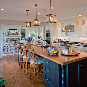 Kitchen with White Cabinetry, Navy Blue Island & Lantern Pendants  - Salt Pond T