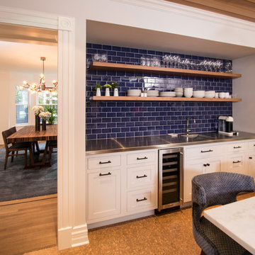 Kitchen with Wood Ceiling and Blue Tile