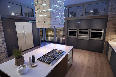 Foto de cocina moderna con electrodomésticos de acero inoxidable, suelo de madera clara y una isla