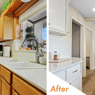 Modern eat-in kitchen inspiration - Eat-in kitchen - modern galley porcelain tile and brown floor eat-in kitchen idea in Sacramento with a farmhouse sink, white cabinets, quartz countertops, white backsplash, marble backsplash, stainless steel appliances, a peninsula and white countertops