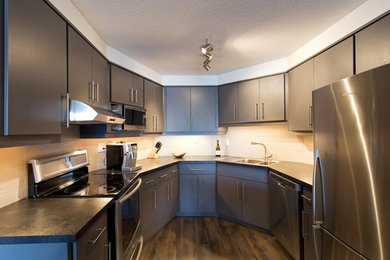 Small transitional galley dark wood floor kitchen pantry photo in Toronto with a double-bowl sink, flat-panel cabinets, gray cabinets, laminate countertops, white backsplash, ceramic backsplash, stainless steel appliances and no island