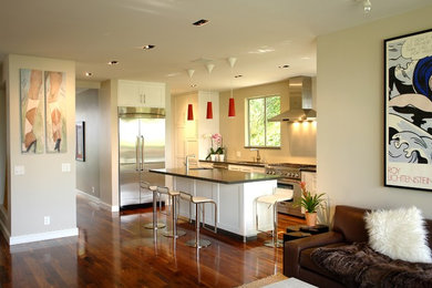 Photo of a medium sized contemporary galley kitchen/diner in Los Angeles with an island, a submerged sink, shaker cabinets, white cabinets, stainless steel appliances and dark hardwood flooring.
