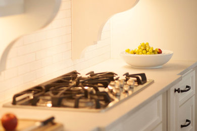 カンザスシティにある高級なトラディショナルスタイルのおしゃれなダイニングキッチン (シェーカースタイル扉のキャビネット、白いキャビネット、白いキッチンパネル、セラミックタイルのキッチンパネル、シルバーの調理設備、濃色無垢フローリング) の写真