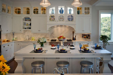 Foto di una grande cucina con lavello a vasca singola, ante con riquadro incassato, ante bianche, top in marmo, paraspruzzi bianco, elettrodomestici in acciaio inossidabile e parquet scuro