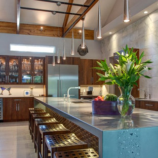 Modern kitchen in Tampa with concrete benchtops and blue benchtop.