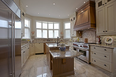 Example of a large country u-shaped marble floor kitchen pantry design in Toronto with a double-bowl sink, recessed-panel cabinets, distressed cabinets, granite countertops, multicolored backsplash, stone tile backsplash, stainless steel appliances and an island