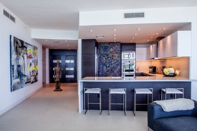 Photo of a contemporary kitchen in Miami with a submerged sink, white cabinets, stainless steel appliances and porcelain flooring.