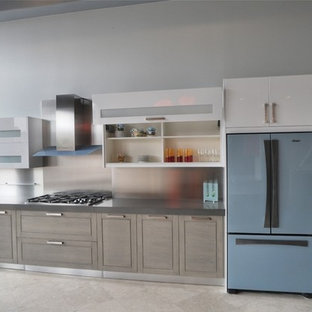 Large modern single-wall eat-in kitchen in Orange County with open cabinets, white cabinets, quartz benchtops, metallic splashback, metal splashback, coloured appliances and limestone floors.