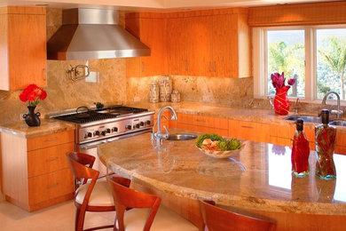 Transitional l-shaped eat-in kitchen photo in Santa Barbara with a drop-in sink, flat-panel cabinets, light wood cabinets and an island