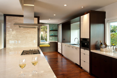 ロサンゼルスにあるコンテンポラリースタイルのおしゃれなキッチン (フラットパネル扉のキャビネット、モザイクタイルのキッチンパネル、シルバーの調理設備) の写真
