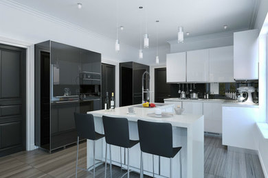 Offene Moderne Küche in L-Form mit flächenbündigen Schrankfronten, weißen Schränken, Küchenrückwand in Schwarz, Glasrückwand, Kücheninsel und grauem Boden in Sydney