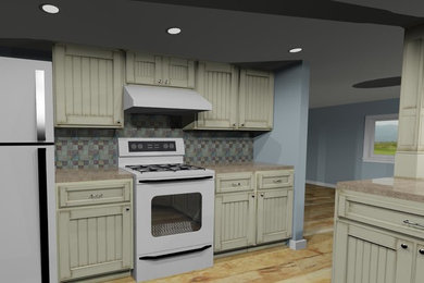 Foto de cocina grande sin isla con puertas de armario beige, salpicadero blanco, electrodomésticos blancos y suelo de madera clara