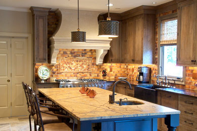 Eat-in kitchen - rustic u-shaped eat-in kitchen idea in Other with a farmhouse sink, recessed-panel cabinets, distressed cabinets and orange backsplash