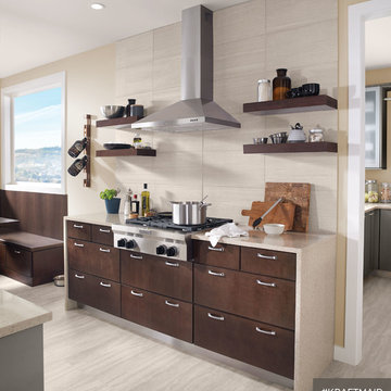 KraftMaid: Open Kitchen Shelving with Dark Kitchen Cabinets