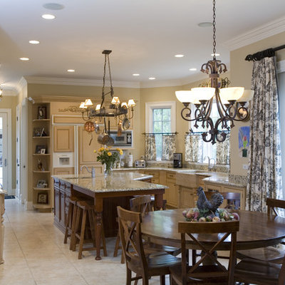 Kitchen - traditional kitchen idea in Chicago with a farmhouse sink, light wood cabinets and paneled appliances