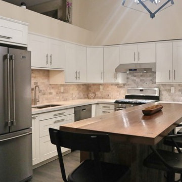 L-shaped 9'x8' IKEA kitchen+custome wooden island 5'. Grimslov off-white finish