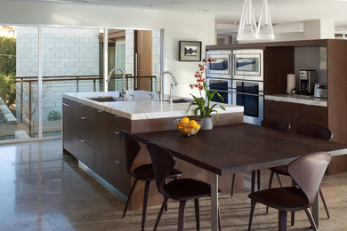 Large minimalist kitchen photo in San Diego with flat-panel cabinets, dark wood cabinets and stainless steel appliances
