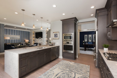 Large transitional galley medium tone wood floor open concept kitchen photo in Chicago with an undermount sink, shaker cabinets, dark wood cabinets, quartzite countertops, gray backsplash, mosaic tile backsplash, stainless steel appliances and a peninsula