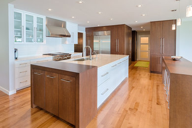Example of a single-wall medium tone wood floor eat-in kitchen design in Chicago with an island, an undermount sink, flat-panel cabinets, white cabinets, white backsplash and stainless steel appliances