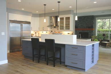 Mid-sized trendy l-shaped light wood floor eat-in kitchen photo in Other with an undermount sink, shaker cabinets, white cabinets, quartzite countertops, gray backsplash, stainless steel appliances, an island and white countertops