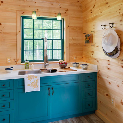 Inspiration for a large rustic ceramic tile kitchen remodel in Boston with an undermount sink, shaker cabinets, blue cabinets and beige backsplash