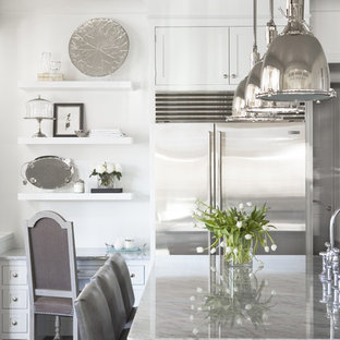 Large contemporary eat-in kitchen ideas - Large trendy u-shaped dark wood floor eat-in kitchen photo in Other with stainless steel appliances, marble countertops, shaker cabinets, white cabinets and an island