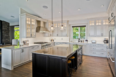 Eat-in kitchen - large traditional u-shaped light wood floor and brown floor eat-in kitchen idea in Other with an undermount sink, raised-panel cabinets, gray cabinets, quartz countertops, white backsplash, porcelain backsplash, stainless steel appliances and an island
