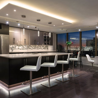 Imagen de cocina comedor de galera, contemporánea, con armarios con paneles lisos, puertas de armario de madera en tonos medios, salpicadero verde, salpicadero de azulejos en listel, electrodomésticos de acero inoxidable, suelo de madera oscura y una isla