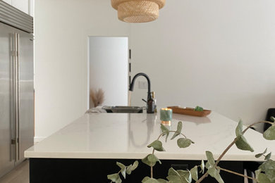 Diseño de cocina comedor lineal escandinava con fregadero de un seno, armarios con paneles lisos, puertas de armario negras, encimera de cuarcita, electrodomésticos de acero inoxidable, una isla y encimeras blancas