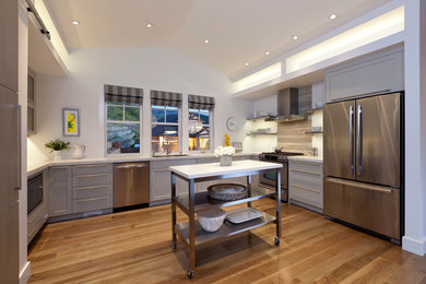 バンクーバーにあるコンテンポラリースタイルのおしゃれなキッチン (シルバーの調理設備) の写真