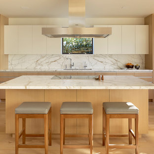 Foto di una cucina abitabile moderna con lavello sottopiano, ante lisce, ante in legno chiaro, top in marmo, paraspruzzi bianco, paraspruzzi in lastra di pietra, elettrodomestici da incasso, parquet chiaro e isola