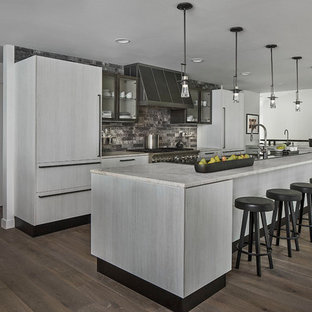 Design ideas for a large contemporary galley open plan kitchen in Detroit with flat-panel cabinets, grey cabinets, multi-coloured splashback, dark hardwood flooring, an island, brown floors, integrated appliances, limestone worktops and stone tiled splashback.