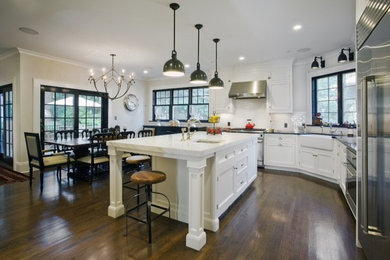 Large trendy dark wood floor kitchen photo in New York with a farmhouse sink, stainless steel appliances and an island