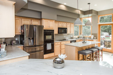 Example of a mid-sized light wood floor kitchen design in Other with gray backsplash, ceramic backsplash and an island